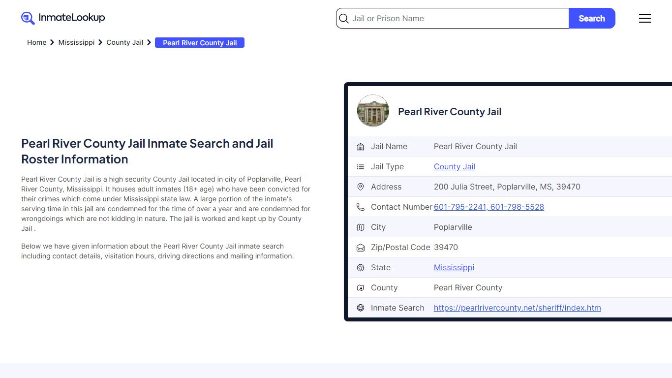 Pearl River County Jail (MS) Inmate Search and Jail Roster Information